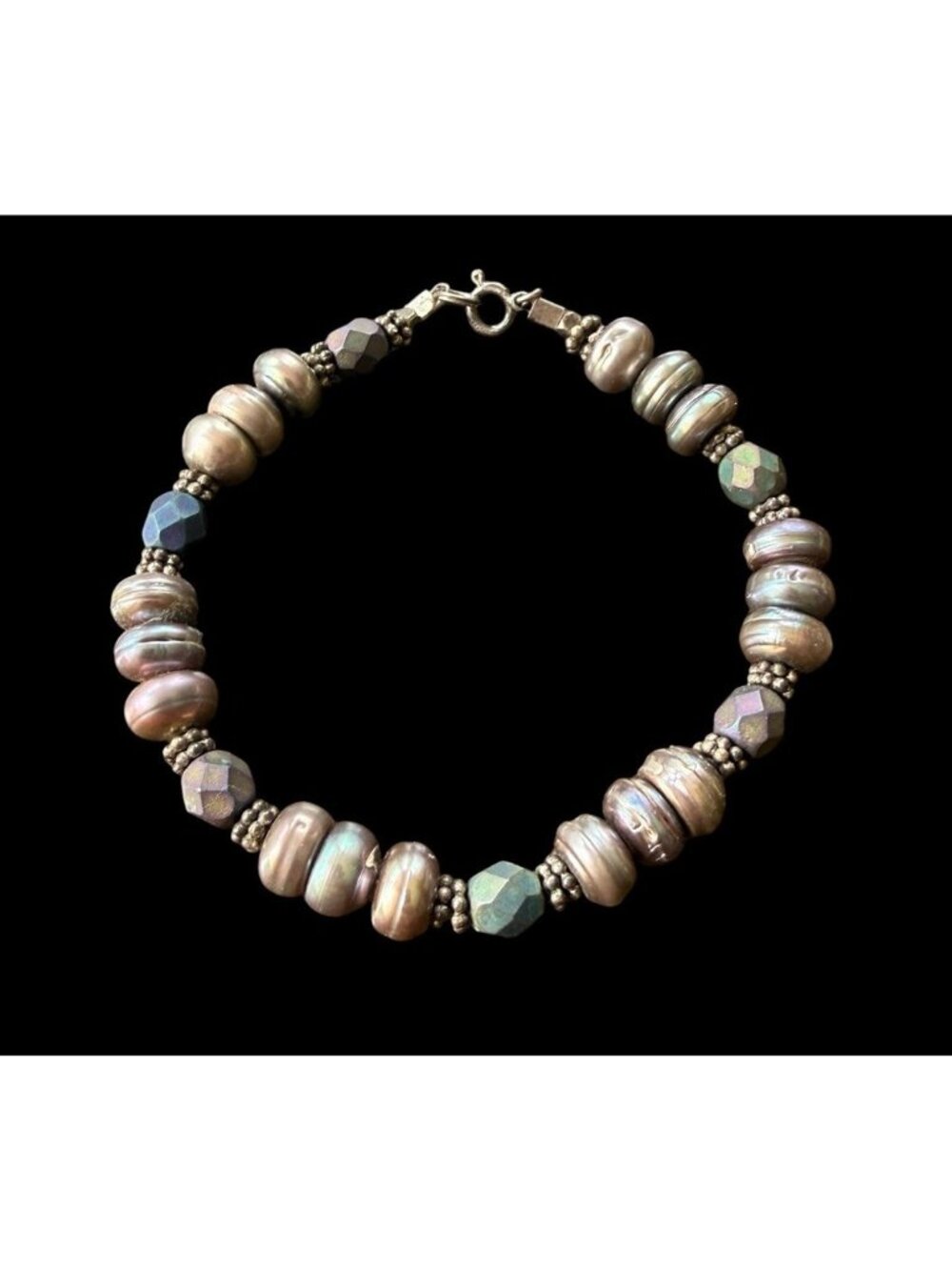 925 Midnight Purple Freshwater Pearl Glass Bracelet Sterling Silver 7 in